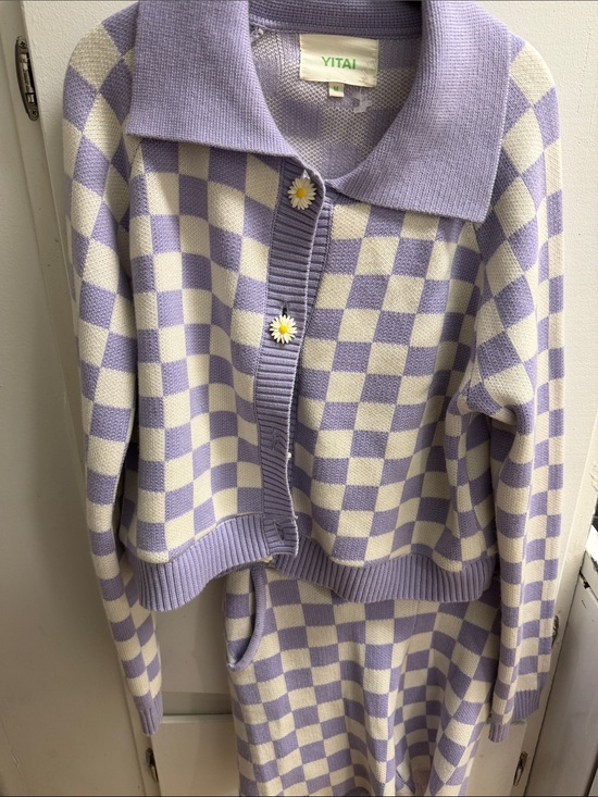 Yitai Sweaters - YITAI Lavender & Cream Checkered Collared Cardigan